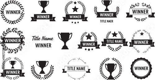 Winner achievement award collection featuring laurel wreaths trophies star elements and victory ribbons for celebration events success.