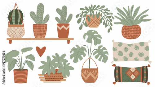 A collection of potted plants and botanical elements on display
