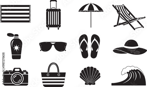 Summer beach vacation essentials icon set featuring sunglasses flip flops sun protection lotion travel suitcase and seaside elements.