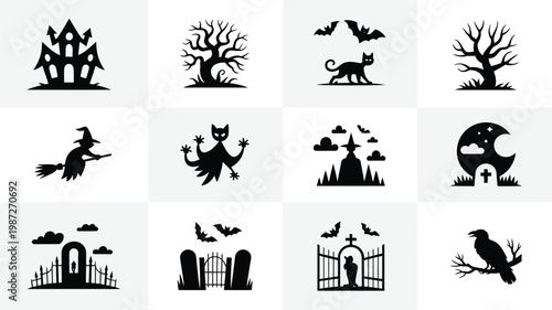 Minimalist halloween silhouettes featuring witch on broom black cat haunted house bats gothic gate and spooky tree symbols