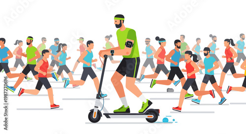 Man riding electric scooter among running people in colorful illustration