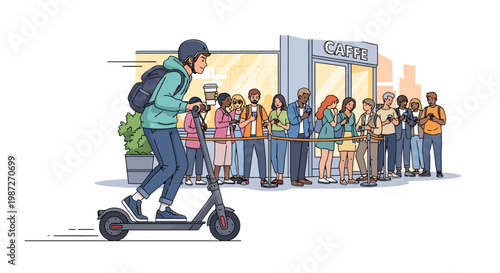 Person riding electric scooter past crowd of people outside store
