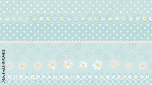 A pastel blue background with floral and dotted patterns arranged in bands