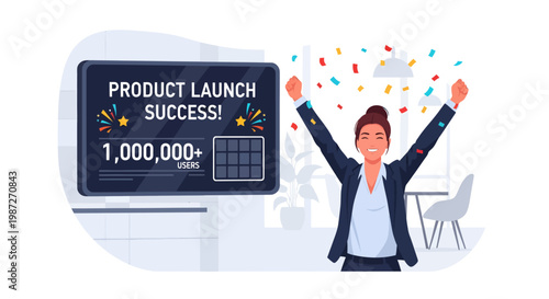 Woman celebrating product launch success with arms raised