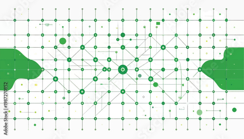 Abstract Green Network Grid. Digital Data Flow, High-Tech Connectivity Background, AI and Communication System Visualization.