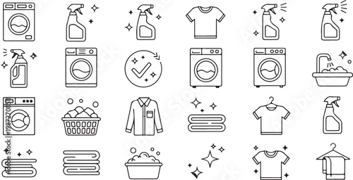 Laundry service and clothing care icon collection including washing machines detergent spray bottles clean shirts and folded towels.
