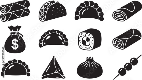 Set of hand drawn food icons including spring rolls tacos dumplings sushi and more.