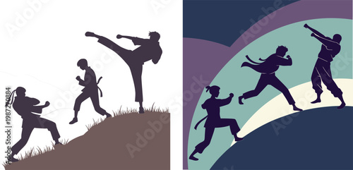 Silhouette of people practicing martial arts in various poses outdoors