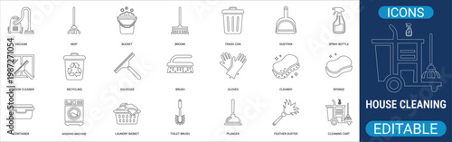 house cleaning line icon set featuring home service, sanitation, maid, washing, broom, soap, sponge, vacuum cleaner, laundry, hygiene, equipment, and janitor. editable vector illustration