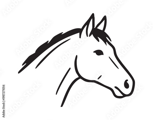 Minimalist black line horse head profile illustration evokes rustic ranch branding, equestrian club identity, veterinary signage, rodeo poster vibe, bold mane strokes and clean silhouette suitable