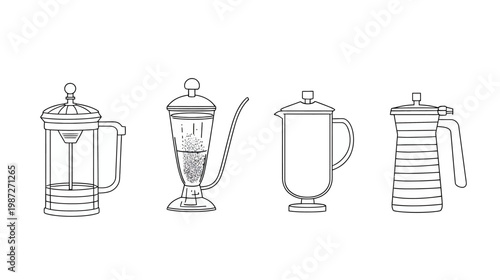 Line art illustration depicting various types of coffee pots and brewers. Four distinct designs are shown