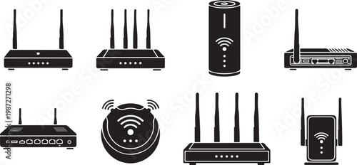 Collection of wifi router and modem icons for wireless internet technology.