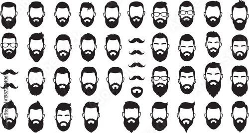 Barbershop silhouettes collection featuring male heads with stylish haircuts moustaches beards and glasses for hair salon branding design.