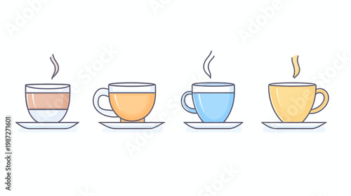 A four-cup illustration of warm beverages, each in a unique color and style, with steam