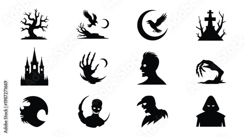 Black silhouette icons of halloween themes including a spooky castle eerie moon haunted tree skeleton hand and grim reaper