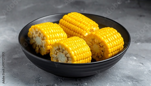 Close-up view of four pieces of freshly cooked corn on the cob, arranged inside a matte black bowl against a textured gray background