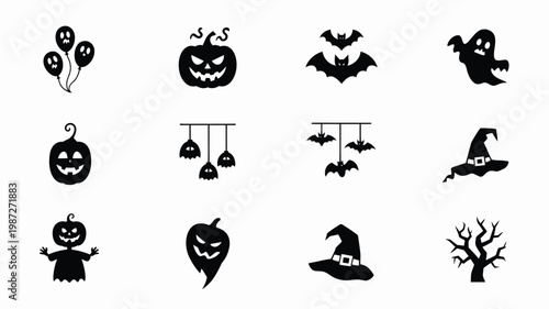 Halloween themed black silhouettes of jack o' lanterns ghosts bats witches and spooky trees for holiday decorations