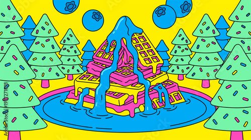 Melting Waffle Mountain with Syrup Rivers and Mint Leaf Trees, Pop Surrealism Flat Illustration with Bold Outlines