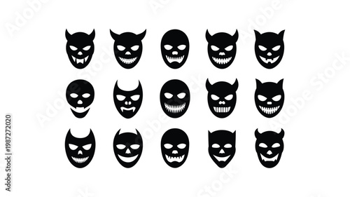 Black and white devil face icons with sharp teeth and horns in a grid minimalist design isolated on white background vector illustration