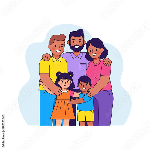 A diverse family of four, including two fathers, a mother, and two children, posing together happily.