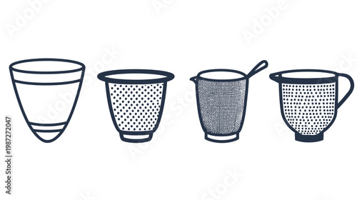 Four stylized, line-drawn containers with varying designs a tumbler, two dotted bowls, a beaker