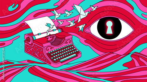 Levitating Typewriter with Origami Bird Pages and Keyhole Eye Pop Surrealism Flat Illustration with Bold Outlines
