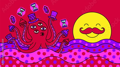 Multi Eyed Octopus Juggling Hourglasses in Pop Surrealism Flat Illustration with Bold Outlines
