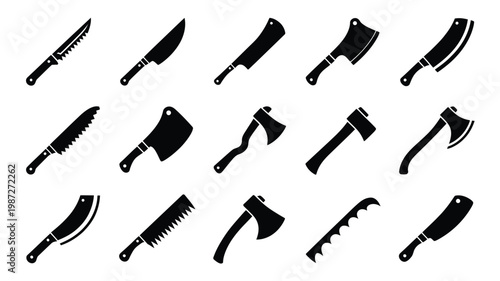Collection of black silhouettes featuring a variety of sharp tools including knives cleavers axes and saws for cutting and chopping