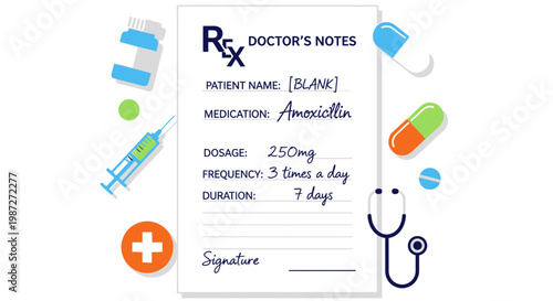 Doctor's notes, prescription template, medical icons, Rx, medication list, healthcare