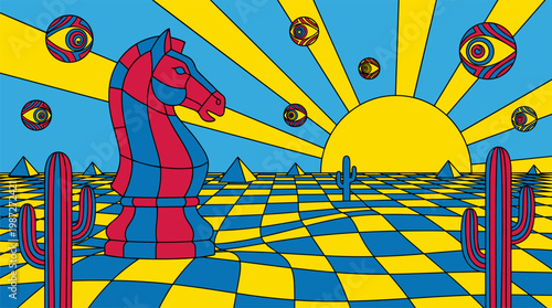 Chess Knight on Checkered Desert with Eyeballs Pop Surrealism Flat Illustration with Bold Outlines