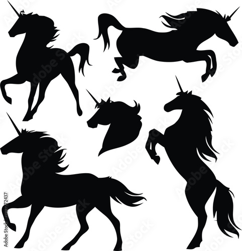 Set of running horse silhouettes in black vector illustration showing wild and farm equine animals in motion