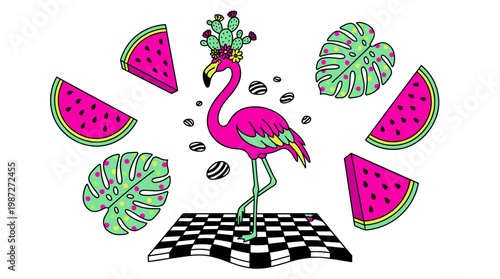 Regal Flamingo with Cactus Crown and Watermelon Slices Pop Surrealism Flat Illustration with Bold Outlines