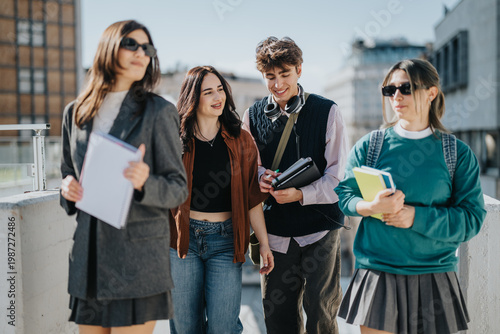 Four college students walk together on a rooftop campus area carrying books and notebooks. A casual group of young friends strolls and chats outdoors in an urban university setting.