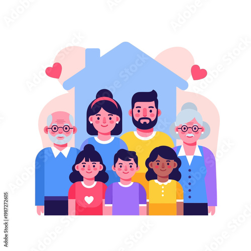 A loving multi-generational family posing happily in front of a stylized blue house with hearts above them.