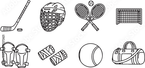 Hockey and tennis equipment icons including sticks puck helmet rackets ball net pads wrist wraps and sports bag in thin line style.