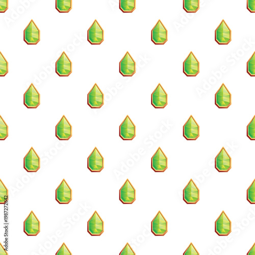 Green emerald teardrop gemstones creating a repeating seamless pattern on a white background