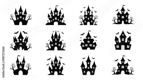 Haunted castles with bats flying around spooky towers and eerie trees silhouetted against a dark backdrop