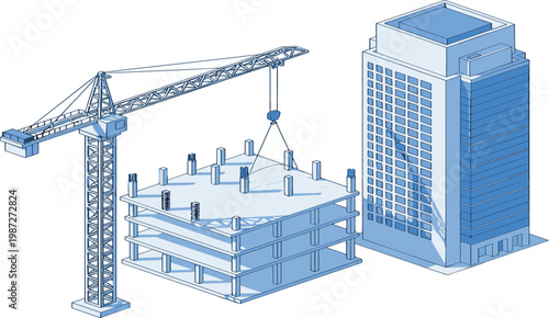 Obraz na plátne Construction Crane and Building Illustration Featuring the Foundation Stage and
