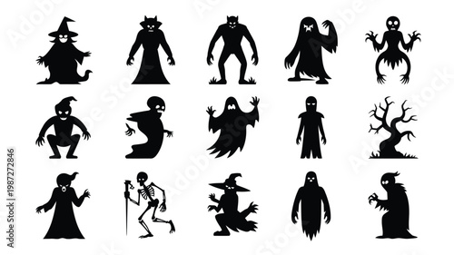 Silhouettes of witches ghosts monsters and eerie figures in spooky halloween collection black shadows on white background