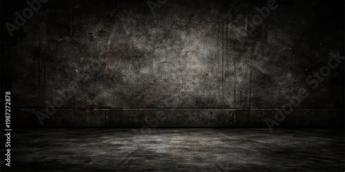 An empty dark room interior features a weathered grunge concrete wall and aged wooden floorboards to create a vintage textured backdrop
