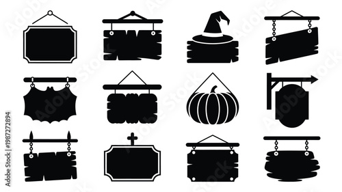 Collection of rustic wooden signboards with various shapes and decorative elements for vintage style advertising or branding