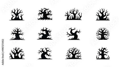 Set of twelve eerie silhouettes of twisted bare trees in various shapes and sizes isolated on a clean white background