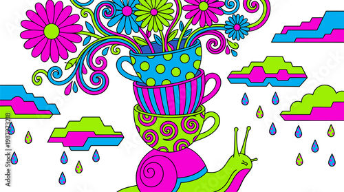 Surreal Stacked Teacups Balanced On Snail Shell Pop Surrealism Flat Illustration With Bold Outlines And Vibrant Colors