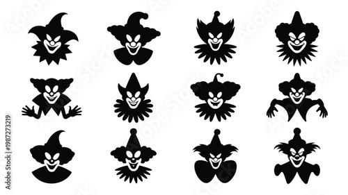 Collection of eerie black and white jester symbols in varied expressive poses for halloween or spooky themes