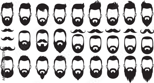 Set of human head silhouettes with various beard and mustache styles isolated on transparent background vector illustration.