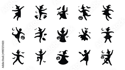 Playful black silhouettes of witches dancing and leaping in various poses celebrating halloween with broomsticks and festive costumes isolated on a clean white background