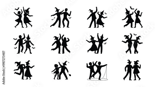 Silhouettes of multiple couples dancing energetically in varied playful poses isolated on a clean white background perfect for celebrations or festive events