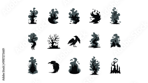 Set of dark eerie silhouettes featuring trees birds and abstract symbols in a mysterious isolated atmosphere