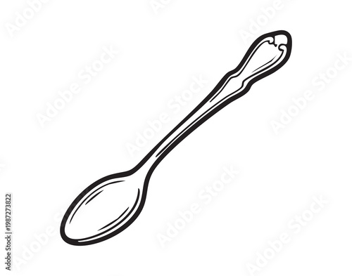 Spoon with long handle resting on white background, clean line art showing sleek curvature and reflective surface detail, evokes simple cooking and dining moments, perfect for food blog, recipe