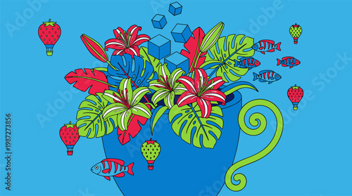 Jungle Coffee Mug With Strawberry Hot Air Balloons Pop Surrealism Flat Illustration With Bold Outlines